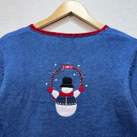 C.J. Banks Womens Holiday Sweater Size X Blue Christmas Snowman Hand Embroidered - Picture 11 of 12